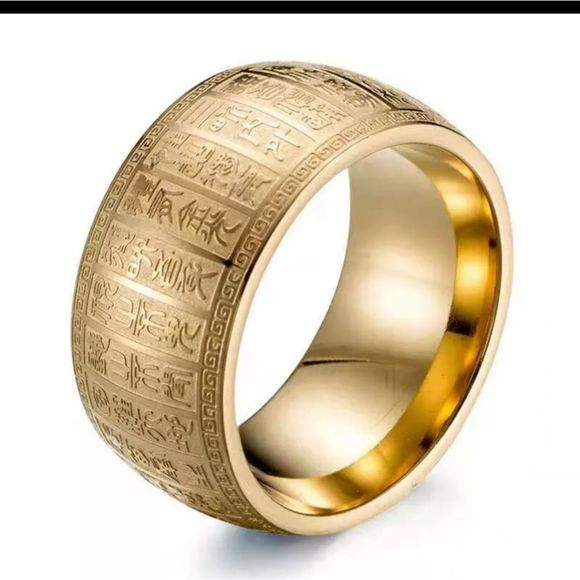 Gold titanium lucky Chinese writing collectable ring new sz 10 - Picture 2 of 3